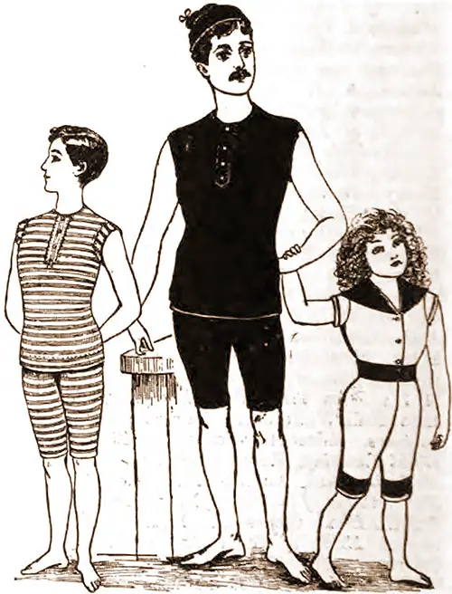 Bathing Suits for Dad and the Children, Styles 4 AB, 5 AB and 6 AB. The Delineator, June 1901.