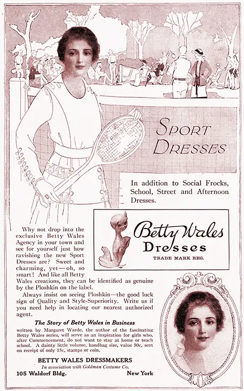 1917 Print Advertisement for Betty Wales Sport Dresses from Betty Wales Dressmakers, New York. The Ladies' Home Journal, February 1917.