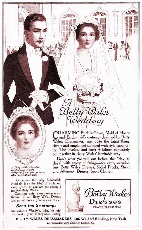 1917 Print Advertisement for Betty Wales Wedding Gowns from Betty Wales Dressmakers, New York. The Ladies' Home Journal.