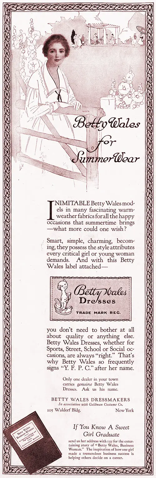 1917 Print Advertisement for Betty Wales Summer Wear from Betty Wales Dressmakers, New York. The Ladies' Home Journal, May 1917.