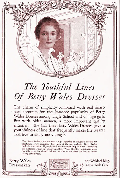 1917 Print Advertisement for Betty White Dresses - Youthful Lines Campagn by Betty Wales Dressmakers, New York City. The Ladies' Home Journal, August 1917.