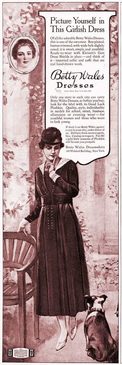 1917 Print Advertisement for Betty Wales Dresses: Picture Yourself in This Girlish Dress Campaign by Betty Wales Dressmakers. The Ladies' Home Journal, October 1917.