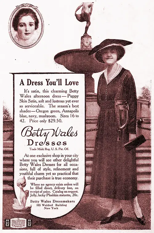 1917 Print Advertisement for Betty Wales Dresses -- A Dress You'll Love Campaign by Betty Wales Dressmakers, New York. The Ladies' Home Journal, November 1917.