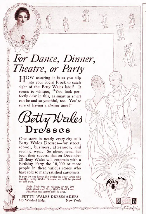 1917 Print Advertisement for Betty Wales Dresses -- For Dance, Dinner, Theatre, or Party from Betty Wales Dressmakers, New York. The Ladies' Home Journal, December 1917.