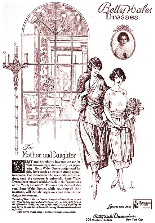 1920 Print Advertisement for Betty Wales Dresses For Mother and Daughter from Betty Wales Dressmakers, New York City. Good Housekeeping Magazine, February 1920.