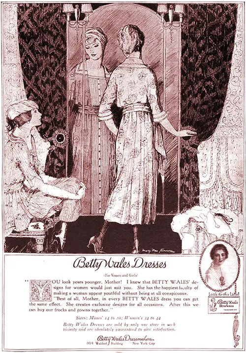 1920 Print Advertisement for Betty Wales Dresses For Women and Girls by Betty Wales Dressmakers, New York City. Good Housekeeping Magazine, April 1920.