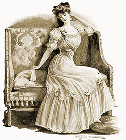 Young Woman's Evening Gown of Point D'Esprit or Tulle, With Satin Girdle and Rosettes and Bands of Any Delicate Lace Finishing the Top of the Ruffle and the Low-Cut Neck and the Elbow Sleeves.