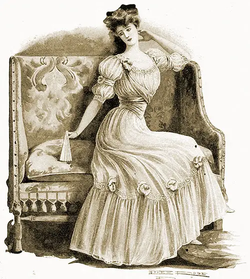 Young Woman's Evening Gown of Point D'Esprit or Tulle, With Satin Girdle and Rosettes and Bands of Any Delicate Lace Finishing the Top of the Ruffle and the Low-Cut Neck and the Elbow Sleeves.