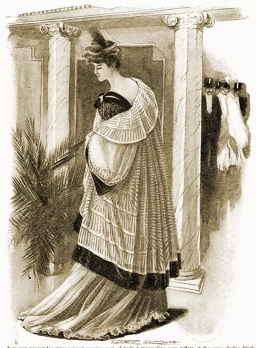 Advance Design for Straw-Colored Evening Coat of Tucked Mousseline Over Taffeta of the Same Shade; Black Velvet Band on Sleeves and Bottom of Coat; Sleeves of the Mousseline, Untucked.