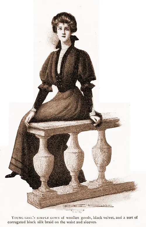 Young Girl's Simple Gown of Woollen Goods, Black Velvet, and a Sort of Corrugated Black Silk Braid on the Waist and Sleeves.