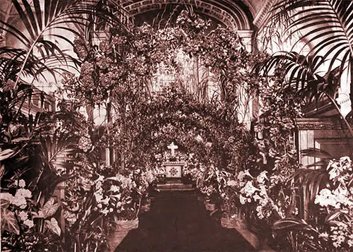 St. George's, Hanover Square, as Decorated for the Wedding of Miss Evelyn Millard, With Arches of Crimson Rambler and Lilies. Lady's Realm, June 1902.