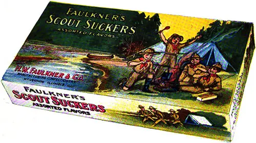 Faulkner's Scout Suckers, Assorted Flavors. Candy for Boy Scout Fundraising Activities. The International Confectioner, May 1921.