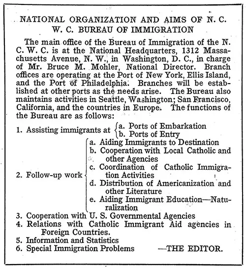 National Organization and Aims of the N. C. W. C. Bureau of Immigration.
