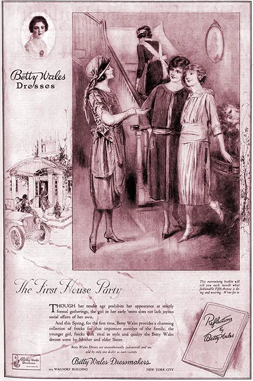 1921 Print Advertisement for Betty Wales Dresses: The First House Party from Betty Wales Dressmakers, New York City. Woman's Home Companion, March 1921.