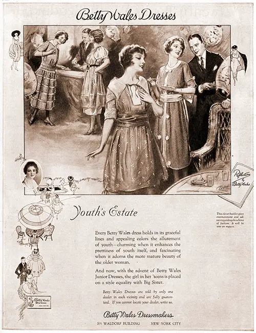 1921 Print Advertisement for Betty Wales Dresses: Youth's Estate from Betty Wales Dressmakers, NYC. Woman's Home Companion, May 1921.