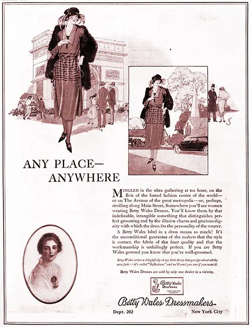 1921 Print Advertisement for Betty Wales Dresses: Any Time, Anywhere from Betty Wales Dressmakers, New York City. Woman's Home Companion, October 1921.