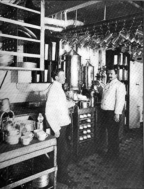 Two Stewards Stand Ready to Attend to Passengers in the Serving Room of an Ocean Liner.