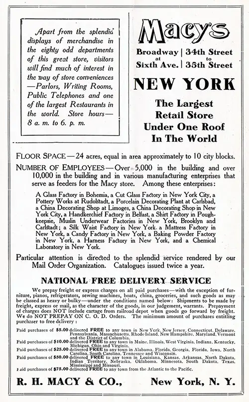 Advertisement - R. H. Macy & Co., RMS Campania Cunard Daily Bulletin for 24 January 1908.
