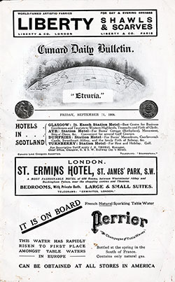 Front Page, RMS Etruria Onboard Publication of the Cunard Daily Bulletin for 11 September 1908.