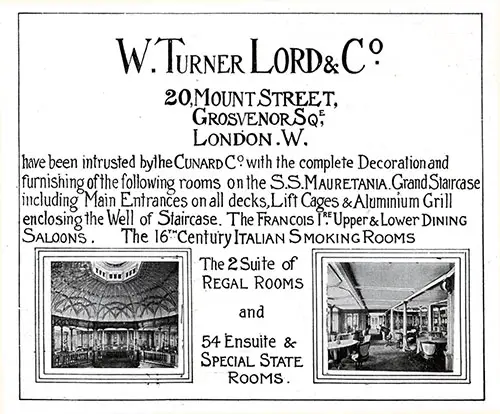 Advertisement - W. Turner Lord & Co., RMS Etruria Onboard Publication of the Cunard Daily Bulletin for 11 September 1908.