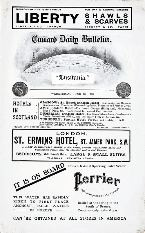 Front Page, RMS Lusitania Onboard Publication of the Cunard Daily Bulletin for 10 June 1908.