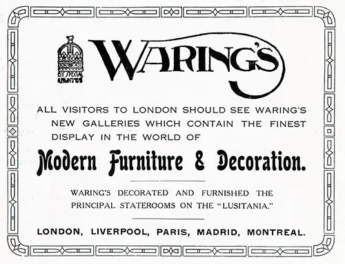 Advertisement, Waring's Modern Furniture & Decoration - London. Published in the Lusitania Edition of the Cunard Daily Bulletin for 10 June 1908.