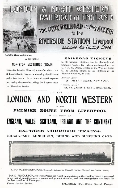 Advertisement, London & North Western Railroad of England. Published in the Lusitania Edition of the Cunard Daily Bulletin for 10 June 1908.