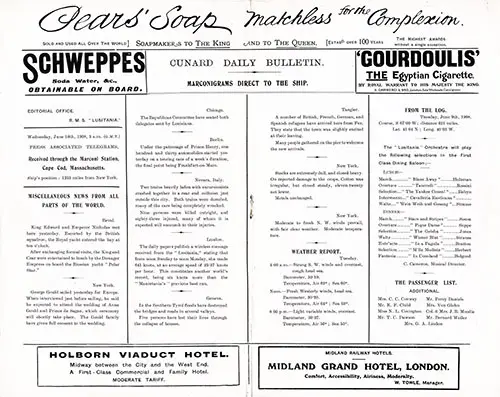 Marconigrams Published in the Lusitania Edition of the Cunard Daily Bulletin for 10 June 1908.