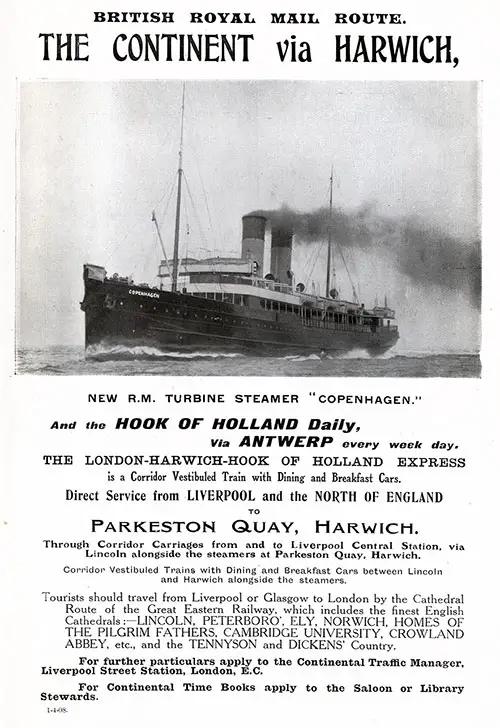 Advertisement, London-Harwich-Hook of Holland Express. Published in the Lusitania Edition of the Cunard Daily Bulletin for 10 June 1908.