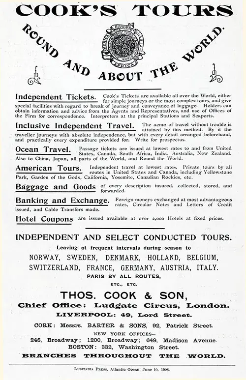 Back Cover Advertisement, Cook's Tours. Published in the Lusitania Edition of the Cunard Daily Bulletin for 10 June 1908.