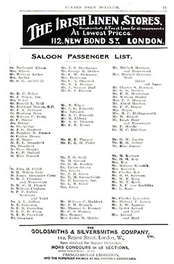 Saloon Passenger List from the RMS Lusitania of the Cunard Line, Departing 20 March 1909 from Liverpool to New York via Queenstown (Cobh)