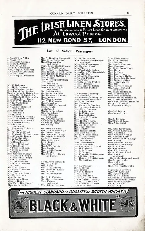 Page 1 of 2, Cunard Line RMS Mauretania Saloon Passenger List - 14 June 1911.