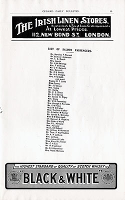 First Page, Cunard Line SS Saxonia Saloon Class Passenger List - 19 July 1910