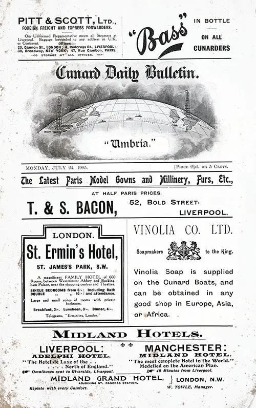 Front Page, RMS Umbria Onboard Publication of the Cunard Daily Bulletin for 24 July 1905.