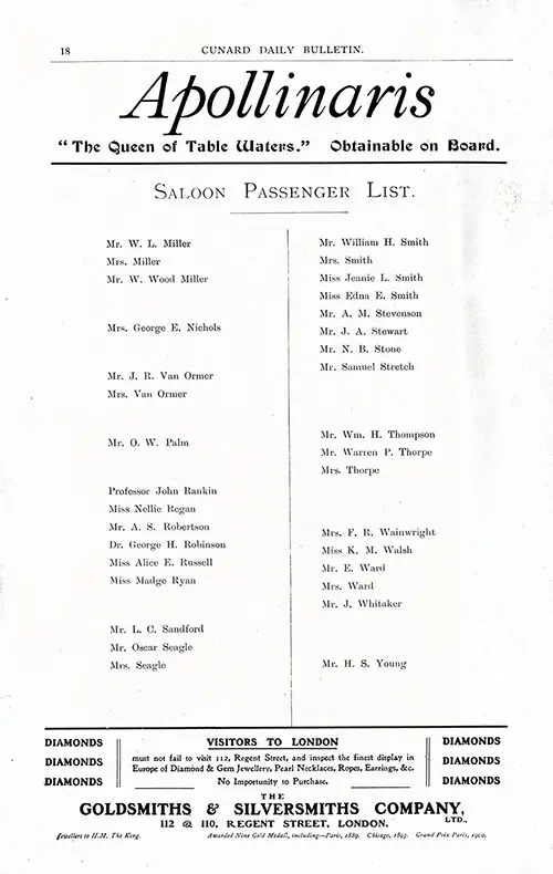 Page 2 of 2, RMS Umbria Saloon Passenger List, 22 July 1905, Liverpool to New York via Queenstown.