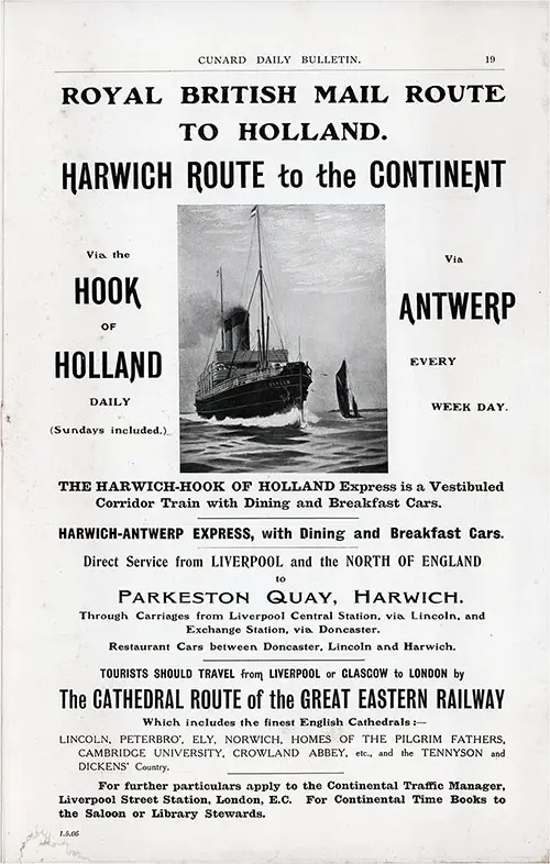 Advertisement - Harwich-Hook of Holland - Royal British Mail Route to Holland.