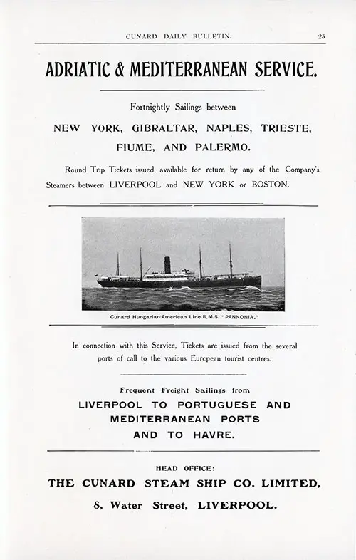 Advertisement - Cunard Adriatic & Mediterranean Service.