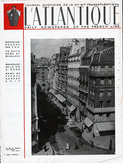Front Page of the L'Atlantique - Daily Newspaper of the French Line for Friday, 14 July 1939
