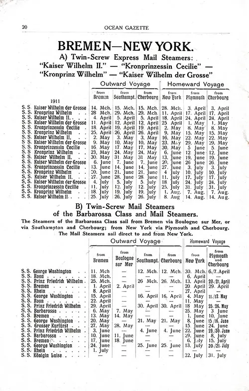Sailing Schedules, (A) Twin-Screw Mail Steamers, Bremen-Southampton-Cherbourg-New York and New York-Plymouth-Cherbourg-Bremen, from 14 March 1911 to 14 August 1911.