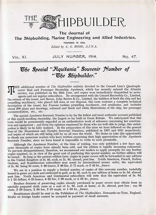 Announcement for the Special Issue of The Shipbuilder featuring the RMS Aquitania of the Cunard Line. 