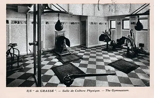 SS de Grasse of the CGT French Line -- Salle de Culture Physique -- The Gymnasium. Postally Used 27 June 1928.