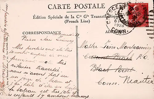 Back Side of Vintage Postcard of the Gymnasium of the de Grasse, Edition Spéciale de la Cie Cle Transatlantique (French Line). Postally Used 27 June 1928.