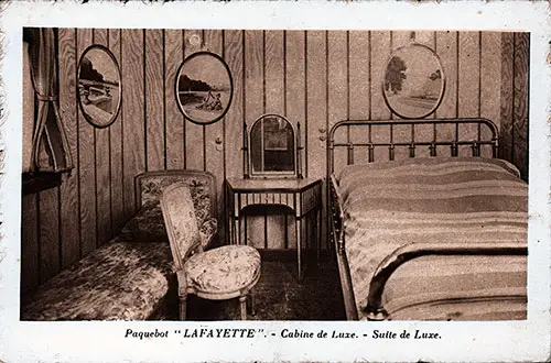 Deluxe Cabin in the First Class on the SS Lafayette of the Cie Gle Transatlantique French Line. nd circa 1920.