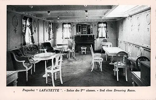 Front Side of Postcard Containing Photograph of the Second Class Drawing Room on the SS Lafayette of the CGT French Line. nd, circa 1920.