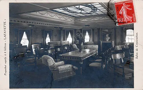 Front Side of a Picture Postcard of the Conversation Lounge on the SS Lafayette of the CGT French Line, Postally Used 3 May 1920.