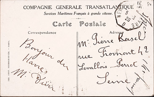 Back Side of a Picture Postcard of the Conversation Lounge on the SS Lafayette of the CGT French Line, Postally Used 3 May 1920.
