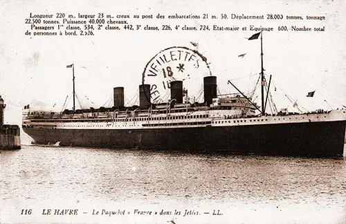 Front Side of a Picture Postcard of the SS France at Le Havre, Postally Used 15 September 1922.