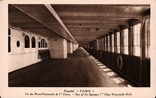 Picture Postcard of One of the Spacious First Class Promenade Deck on the SS Paris of the CGT French Line. nd, circa 1925.