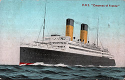 Vintage Postcard Features a Color Painting of the RMS Empress of France (1913) at Sea.