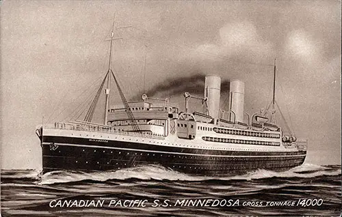 Black & White Painting of the Canadain Pacific SS Minnedosa is Featured on this Vintage Postcard. Her Gross Tonnage was 14,000.